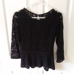 Forever 21 Lace Peplum Blouse Black S 3/4 sleeve